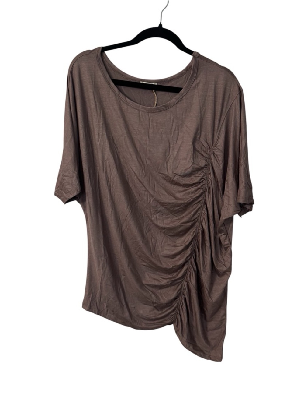 Easel Los Angeles Women’s Brown Asymmetric Ruched Short Sleeve Blouse Sz M NWT